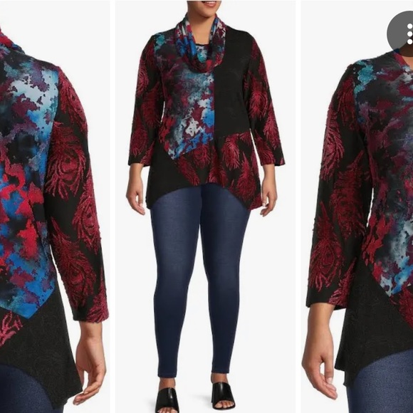 Calessa Patchwork Tie Dye Burnout Knit Cowl Neck 3/4 Sleeve Asymmetrical Tunic. - Picture 2 of 12